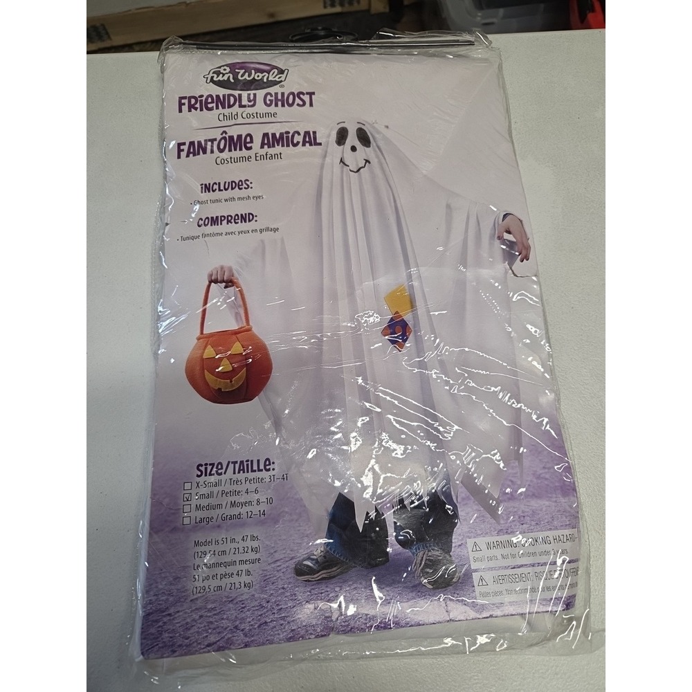 Fun World Friendly Ghost  Child Costume Small 4-6 New Ghost Tunic With Mesh Eyes